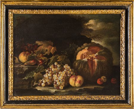 Natura Morta con grappoli d'uva zucca ed altri frutti olio su tela cm 48x64
