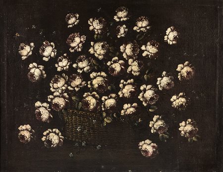 Composizione di fiori bianchi in una cesta, olio su tela cm 72x92