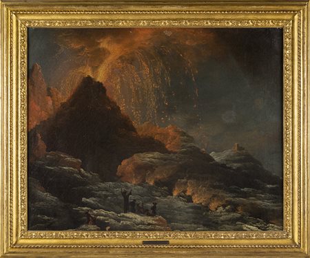 Vulcano in eruzione in un paesaggio invernale, olio su tela, pubblicato in...
