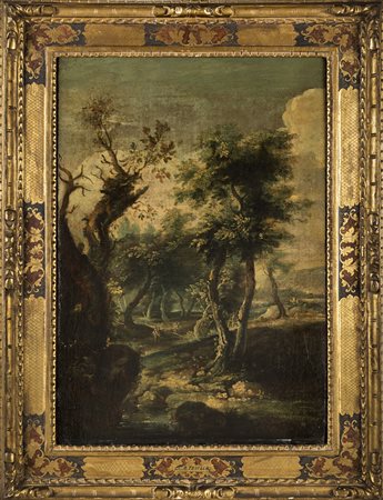 Paesaggio boschivo con personaggi, olio su tela, cm 68x48