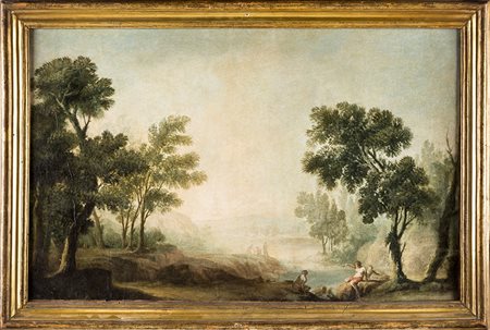 Coppia di paesaggi Fluviali con Figure olio su tela cm 50x83