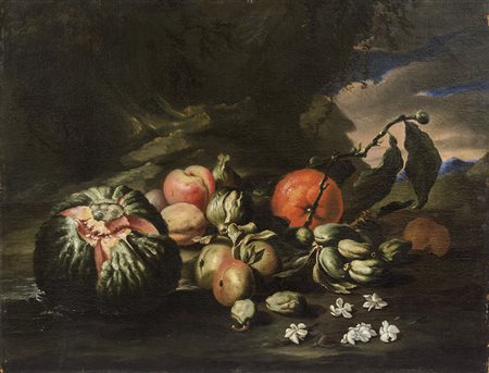 Natura Morta con frutti, zucca spaccata e sfondo di paese olio su tela...