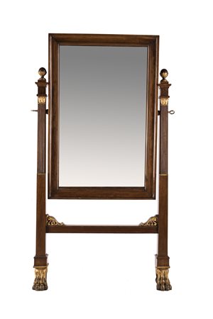 Psiche in noce con rilievi decorativi dorati; specchiera rettangolare...