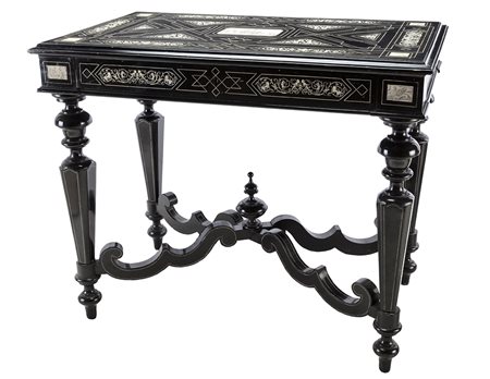Tavolo rettangolare in legno ebanizzato interamente decorato ad intarsio in...