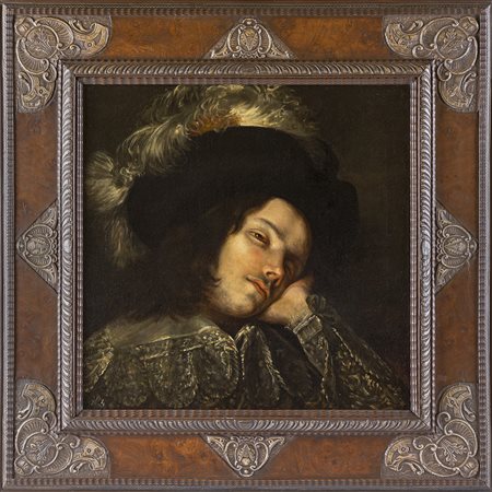 Il riposo del moschettiere. Con bellissima cornice coeva in radica di noce...