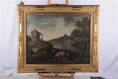 Paesaggio con Viandanti e tempietto, olio su tela. Misure: cm 74x95