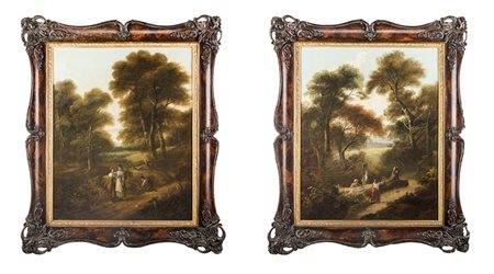 Coppia di paesaggi con figure, olio su tela Misure: cm 67x55