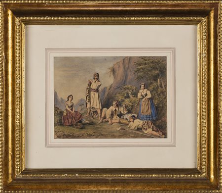 Sosta Campestre con personaggi, acquerello su carta, cm 25x34, firmato in...