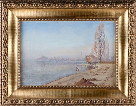 Spiaggia con bambini, olio su tela cm 34x50, firmato in basso al centro G. Crema