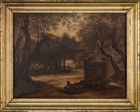 Viale alberato con fontana, Olio su tela, cm 36x47