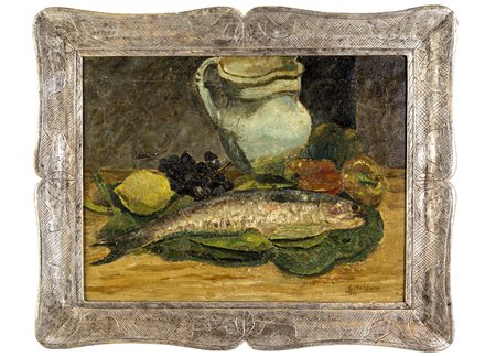 Natura morta con pesci e brocca, olio su tela cm 45x60, firmato in basso a...