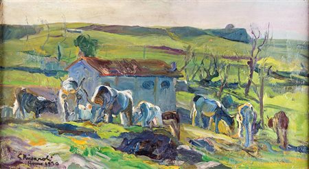 Casolare con mucche al pascolo, olio su tela, cm 32x59 firmato e datato in...