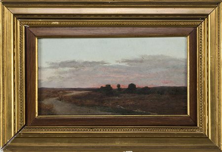 Paesaggio fluviale al tramonto, Olio su tavola, cm 17x32