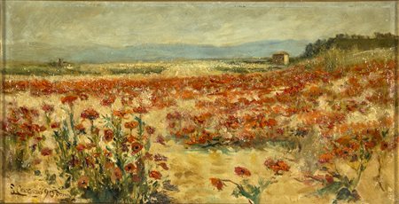 Campo di papaveri, olio su tela, cm 20x40, firmato e datato in basso a...