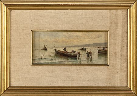 Veduta del golfo di Napoli con pescatori e veduta dei faraglioni a Capri,...