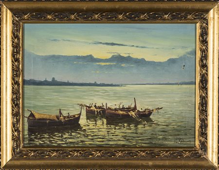 Marina al tramonto, olio su tela, cm 29x39 firmato in basso a destra