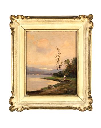 Coppia di paesaggi lacustri con montagne innevate sullo sfondo, olii su...