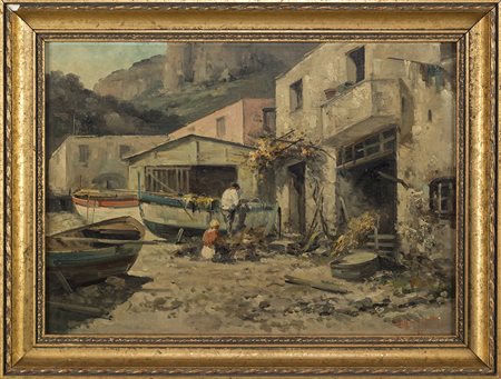 Rimessa di barche con pescatori, olio su tela applicata su faesite, firmato...