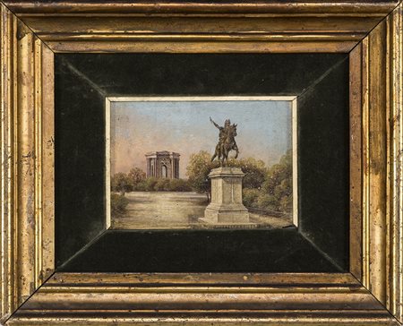 Veduta di giardino con monumento equestre, olio su tavola cm 14x19