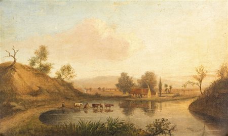 Paesaggio con contadina e armenti, olio su tela. Misure: cm 21x34