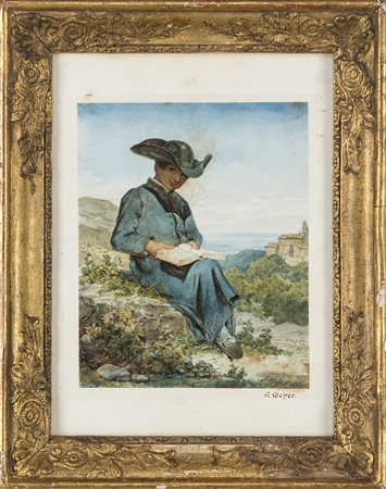 Giovane Abate in lettura, acquerello su carta, cm 14x9, firmato e datato in...