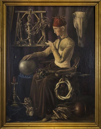 L'esoterico, siglato e datato 95 in basso a destra, olio su tela, cm 125x96