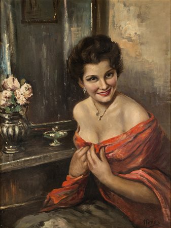 Donna allo specchio, olio su tela, cm 60x80, firmato in basso a destra A.Toro