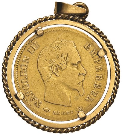 FRANCIA Napoleone III. 10 franchi 1856, incastonata in cerchietto in oro....