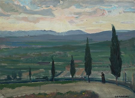 Silvio Consadori (Brescia 1909 - Burano 1994) "Paesaggio toscano" olio su...