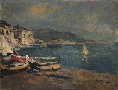 Achille Cattaneo (Limbiate 1872 - Milano 1931) "Scorcio di Pegli con barche...