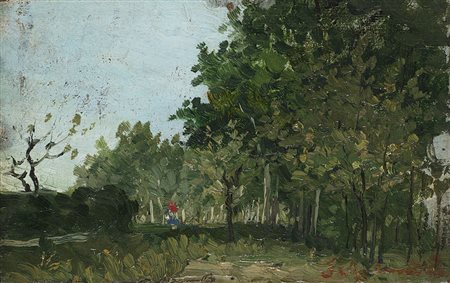Enrico Reycend (Torino 1855 - 1928) "Figura nel bosco" olio su tela applicata...