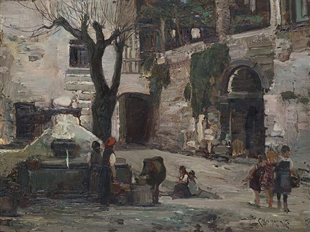 Carlo Casanova (Crema 1871 - Quarna Sotto 1950) "Al pozzo" olio su tavoletta...
