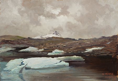 Leonardo Roda (Racconigi 1868 - Torino 1933) "Laghetto alpino con vetta sullo...