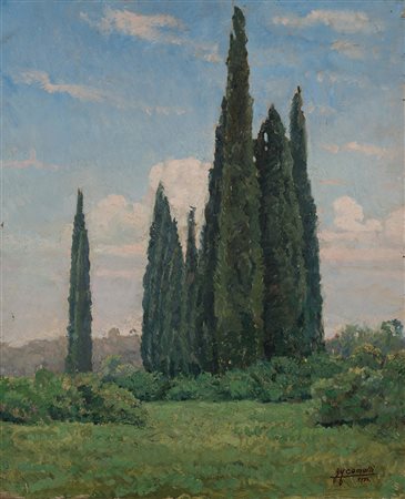 Gigi Comolli (Milano 1893 - 1976) "Cipressi su lago di Garda" 1935 olio su...