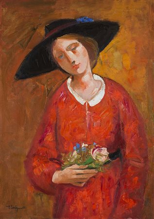 Trento Longaretti (Treviglio 1916 - 0) "Flora con cappello nero" 1983 olio su...