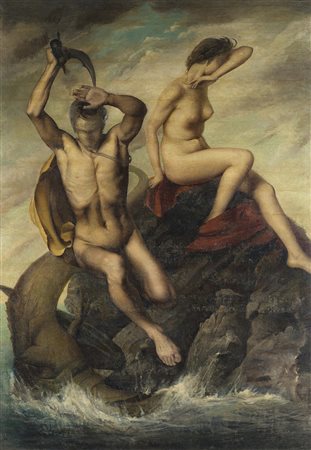 Scuola dell' inizio del XX Secolo "Perseo e Andromeda" olio su tela (cm 283x197)