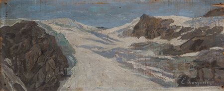 Emilio Longoni (Barlassina 1859 - Milano 1932) "Cime innevate" olio su tavola...