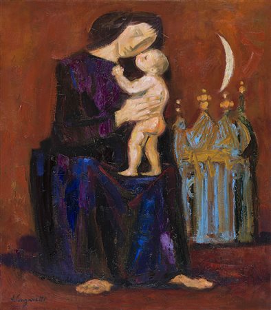 Trento Longaretti (Treviglio 1916) "Madre in nero e blu" 1986 olio su tela...