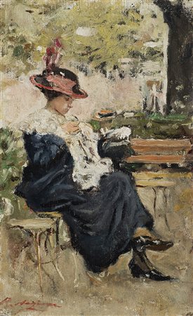Raffaele Ragione (Napoli 1851 - 1919) "La cucitrice al parco" olio su tela...