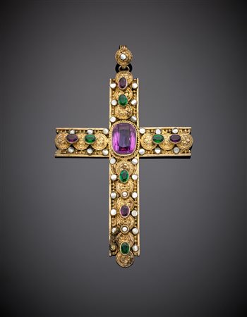 Croce in oro 333/1000 con gemme di diversi colori e al centro una pasta...
