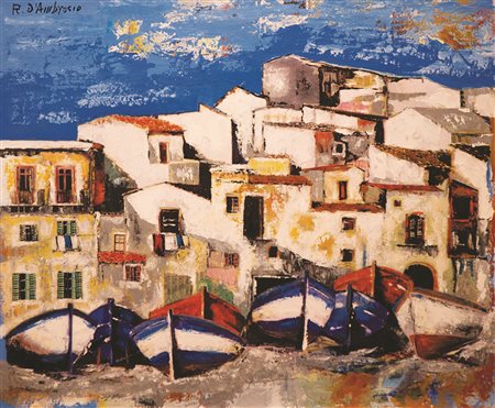 RAFFAELE D’AMBROSIO Paese di pescatori, 2015 tecnica mista su tela cm 50 x 60...