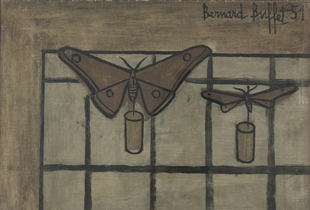 Bernard Buffet (1928-1999), Farfalle, 1951 olio su tela, cm 24x35 firmato e...
