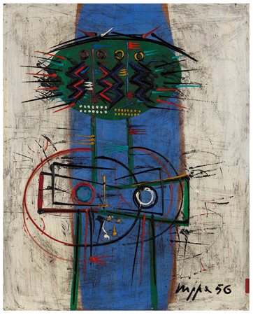 Roberto Crippa (1921-1972), Composizione, 1956 olio su tavola, cm 100x80...