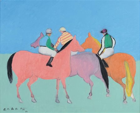 Giuseppe Cesetti (1902-1990), Le corse dei cavalli olio su tela, cm 40x50...