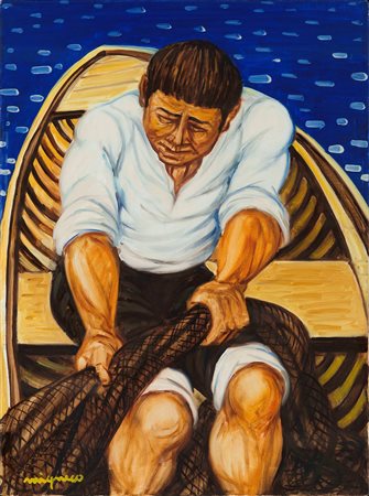 Giuseppe Migneco (1908-1997), Pescatore all'opera, 1970 olio su tela, cm...