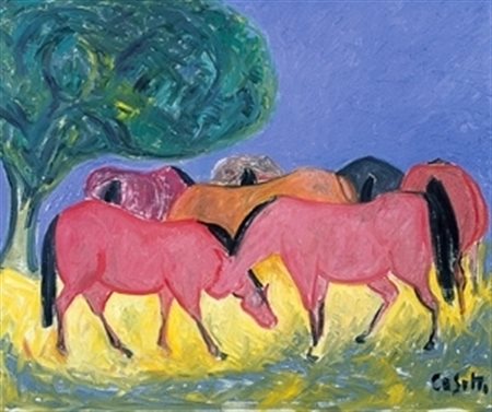 CESETTI GIUSEPPE (Tuscania 1902 - Tuscania 1990) "Cavalli al pascolo" 1970...