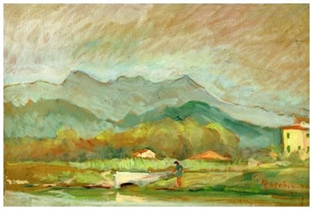 SANTI MACCHIA Pisa 1884 – Pisa 1964 Pescatore ai Ronchi 1954 Olio su cartone...