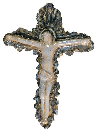 MARIO PORCÙ, Crocifisso, Anni ‘50, Scultura in ceramica dipinta, 41,5 x 31 x...