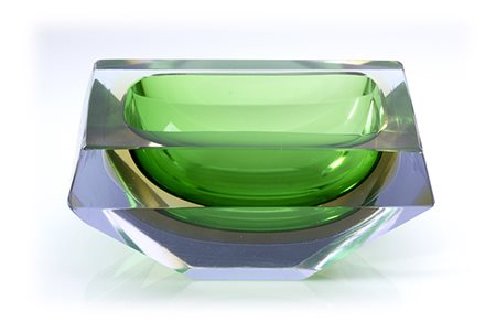 FLAVIO POLI, Due vasi e un posacenere in vetro sommerso nei toni del blu,...