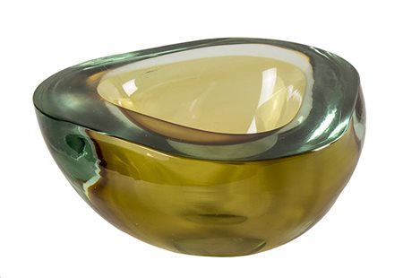 FLAVIO POLI, Posacenere in vetro sommerso giallo e verde, 1960 circa, Murano,...